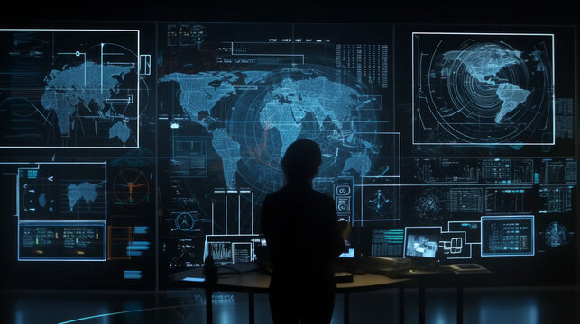 A person stands in front of a display of information about the world. AI