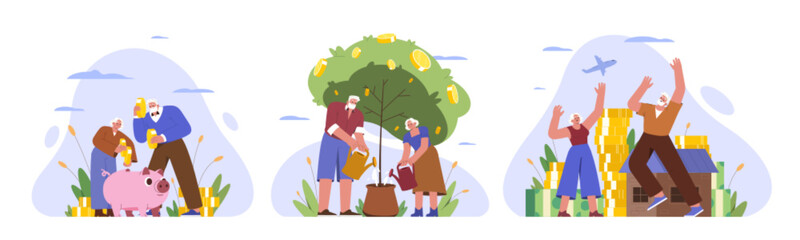 Flat aged people saving money. Older characters on retired grow money tree, collect cash and put coins in piggybank. Pension savings. Pensioners invest finance and enjoy financial incomes and profits.