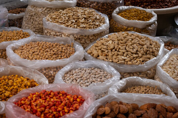 Bags of nuts for sale, snacks on market