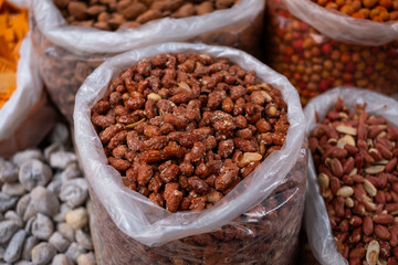 Peanut bag, peanuts for sale on snack market,