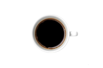 white coffee cup / mug with hot black coffee, isolated design element, top view / flat lay.  Generative AI