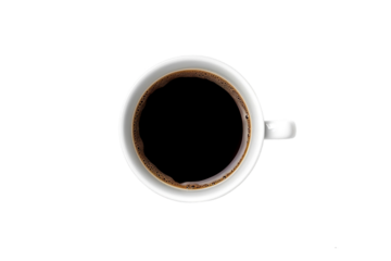 white coffee cup / mug with hot black coffee, isolated design element, top view / flat lay.  Generative AI