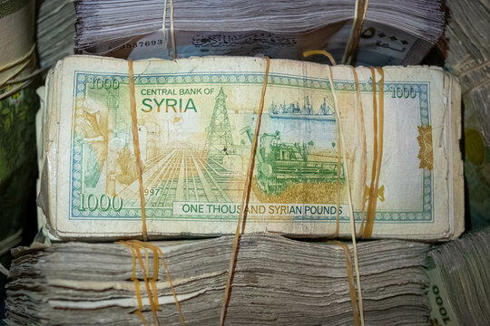 Damascus, Syria - may, 2022: Syrian Lira or Syrian Pound, closeup of paper money in Syria