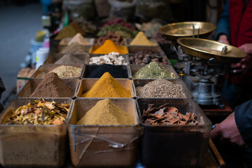 Colorful spices in spice store at Suq, Bazaar in Damascus, Syria
