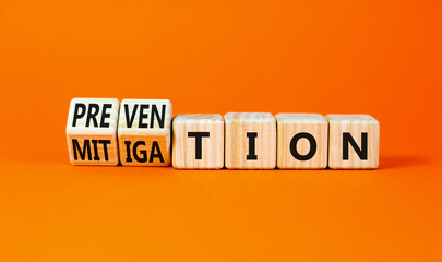 Prevention or mitigation symbol. Businessman turns cubes and changes the concept word Mitigation to...