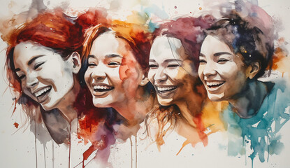 笑顔で笑う複数の女性の水彩画,Generative AI