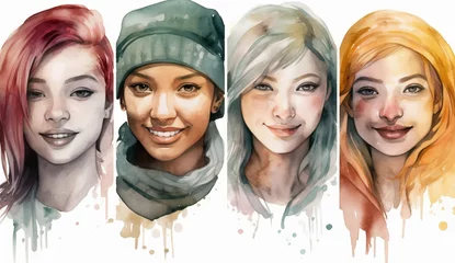 Fotobehang 笑顔で笑う複数の女性の水彩画,Generative AI © rrice