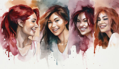 Fototapeta na wymiar 笑顔で笑う複数の女性の水彩画,Generative AI