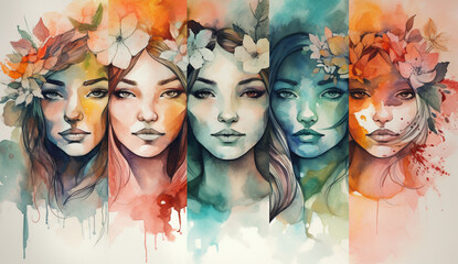 花と複数の女性の水彩画,Generative AI