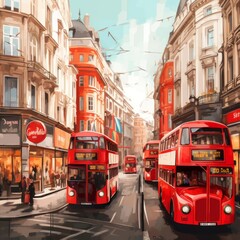 Fototapeta na wymiar A London painting of double decker buses on a city street