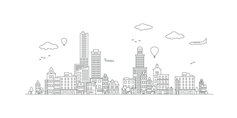  Line Art Vector Illustration of Modern Big City Background