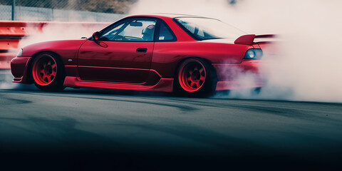 Fototapeta premium Car drifting, Blurred image diffusion race drift car with lots of smoke from burning tires on speed track. Digital art