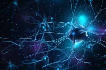 Naklejka na ściany i meble Blue nerve cell banner for brain biology. Generative AI