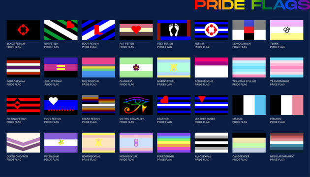 LGBT sexual identity pride flags gender collection. Flag of gay, lesbian, transgender, bisexual. Vector Illustration
