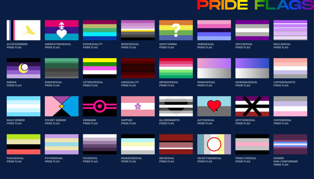 LGBT sexual identity pride flags gender collection. Flag of gay, lesbian, transgender, bisexual. Vector Illustration
