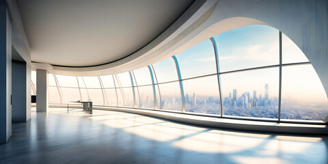empty office with open space and a skyline in background,