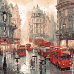 A London painting of double decker buses on a city street - obrazy, fototapety, plakaty