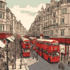 Foto op Canvas A London painting of double decker buses on a city street © ArquitecAi