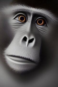 A sad monkey face with a grey filter and yellow eyes.