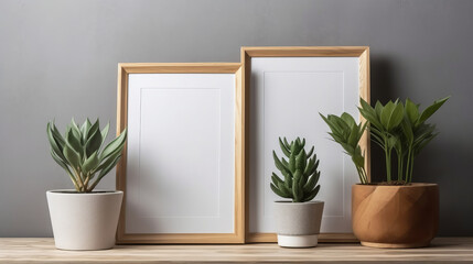 Wooden vertical frame with white blank card and green plants. Al generated