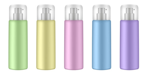 Set of cosmetic bottles with pump. Dispenser. Purple, yellow, green, blue and pink containers. Serum or facial cream.	