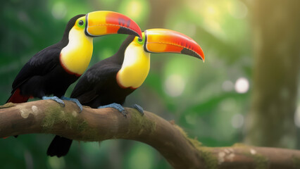 Two toucan tropical bird sitting on a tree branch in natural wildlife environment in rainforest jungle. Generative AI	
