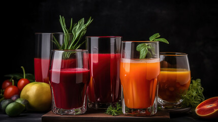 Glasses of fresh organic vegetable and fruit juices Detox diet, closeup view. generative ai