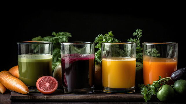 Glasses of fresh organic vegetable and fruit juices Detox diet, closeup view. generative ai