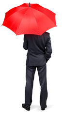 Business man with red umbrella isolated on white