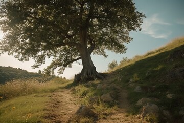 lonely tree on hill, close. Generative ai
