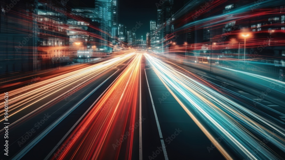 Poster Illustration showing hyperloop speed warp with smeared lights from a megacity at night. Generative AI