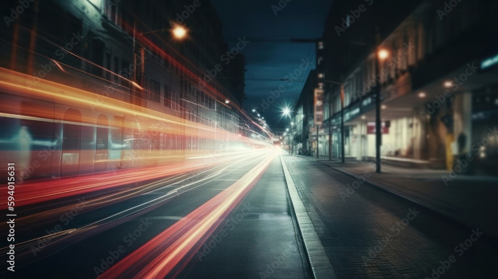 Poster Illustration showing hyperloop speed warp with smeared lights from a megacity at night. Generative AI