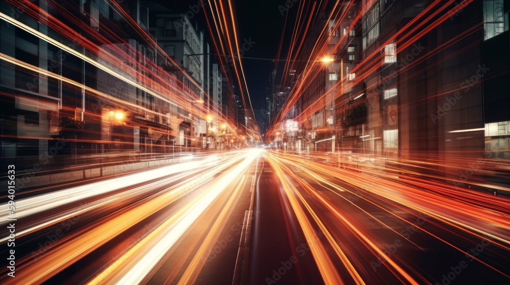 Poster Illustration showing hyperloop speed warp with smeared lights from a megacity at night. Generative AI