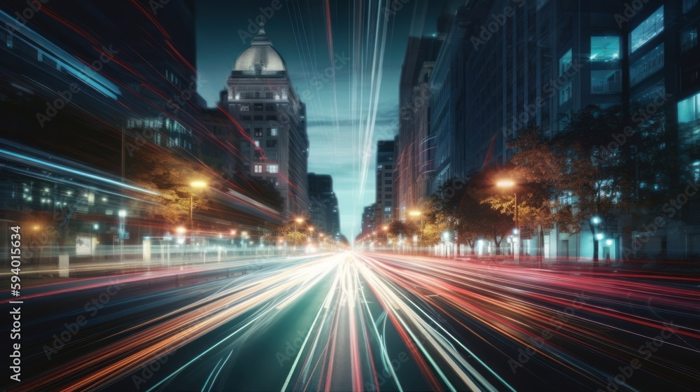 Poster Illustration showing hyperloop speed warp with smeared lights from a megacity at night. Generative AI
