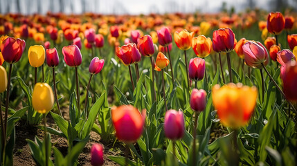 Field of colorful tulips red field spring , AI Generated