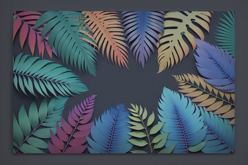 Creative fluorescent color layout made of tropical leaves. Flat lay neon colors. Nature concept, generative ai