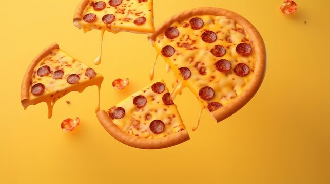 Tasty pepperoni pizza and cooking ingredients tomatoes basil on yellow background. Generative ai