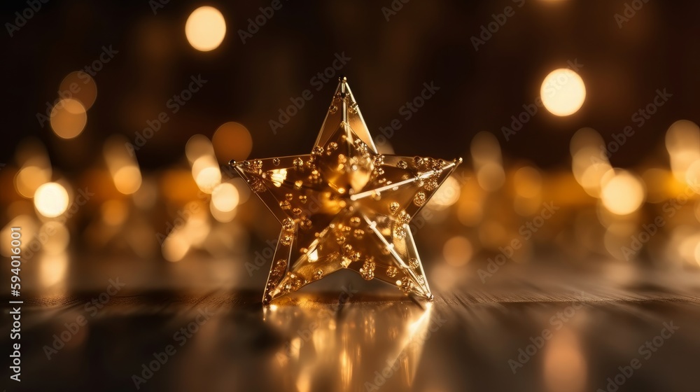 Aufkleber a star shaped christmas ornament suspended on a branch with bokeh of light strands. generative ai