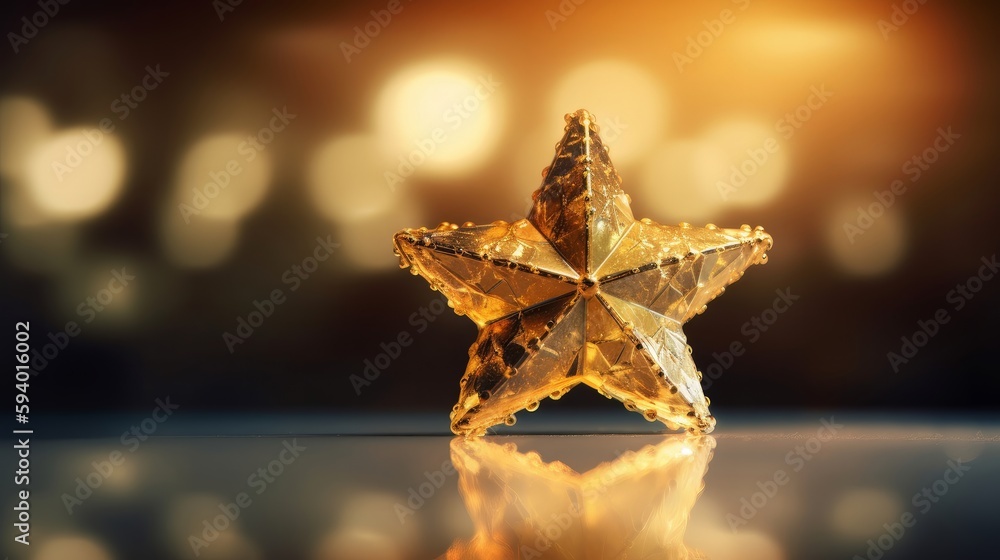 Poster a star shaped christmas ornament suspended on a branch with bokeh of light strands. generative ai