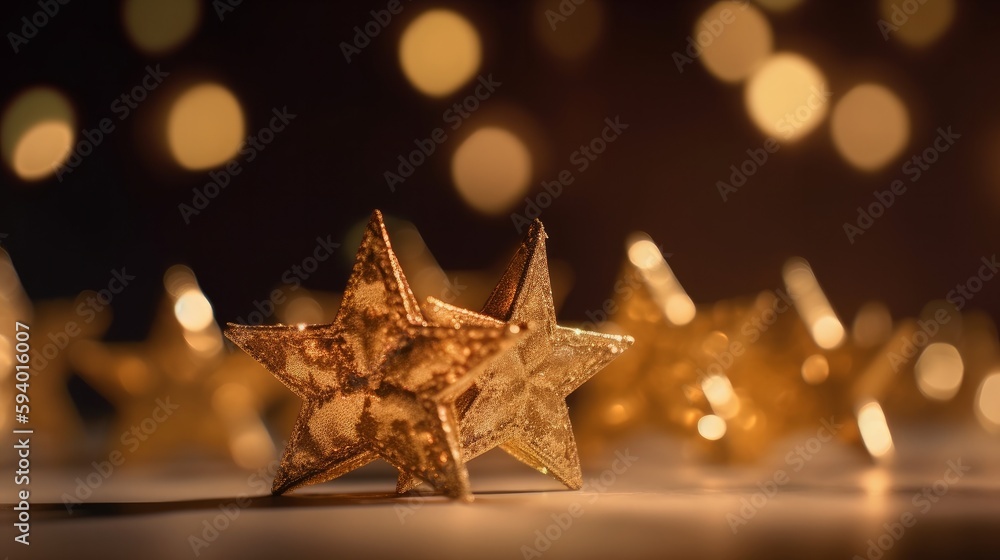 Poster a star shaped christmas ornament suspended on a branch with bokeh of light strands. generative ai