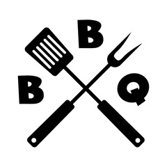 Logo bbq. Herramientas de barbacoa y parrilla. Utensilios de barbacoa. Silueta de espátula cruzada con tenedor con palabra BBQ