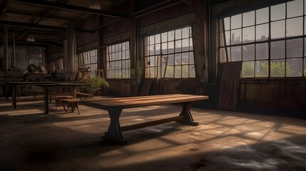 Fototapeta na wymiar Corporate Breakroom in Buffalo Steel Mill with Realistic Landscape View of Shop Floor Through Stained Window