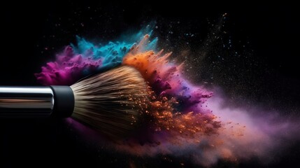Cosmetic brush in cloud of powder on dark background. Generative AI