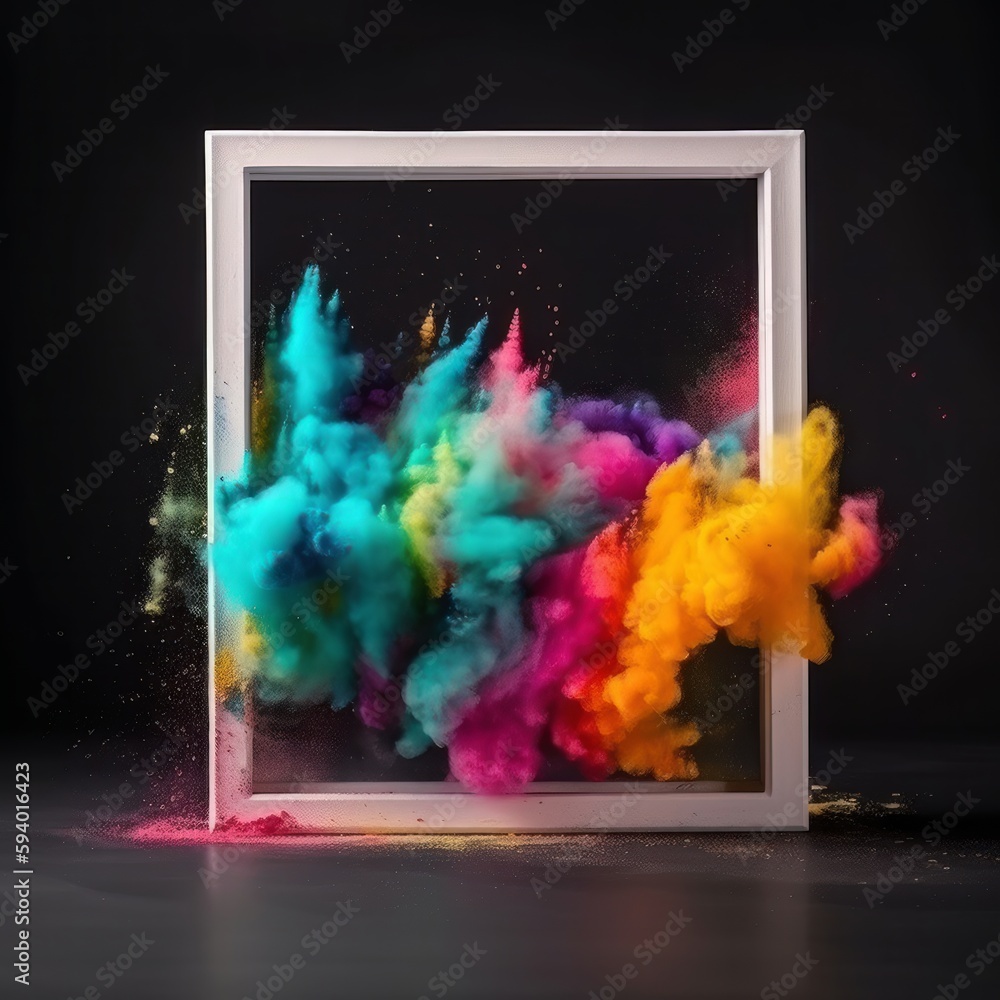 Poster Product display frame with colorful powder paint explosion. Generative Ai