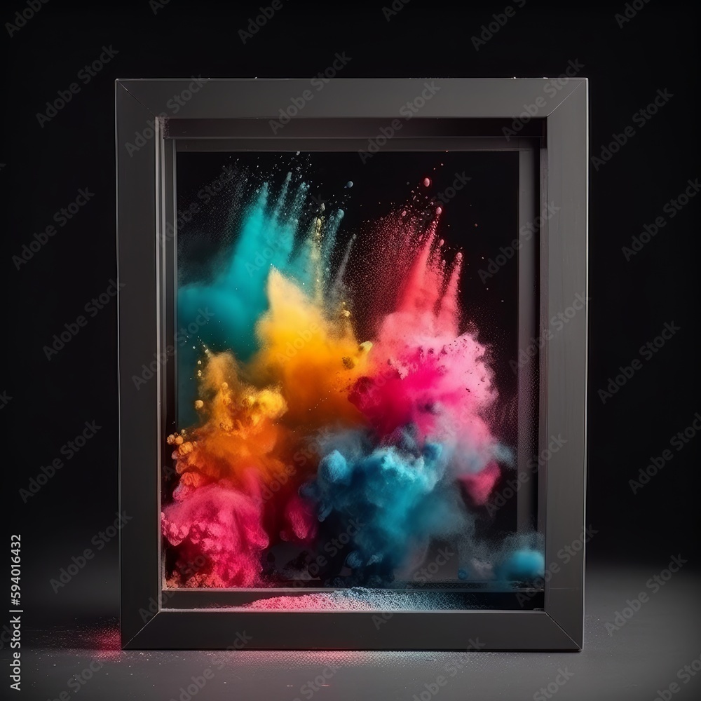 Poster product display frame with colorful powder paint explosion. generative ai