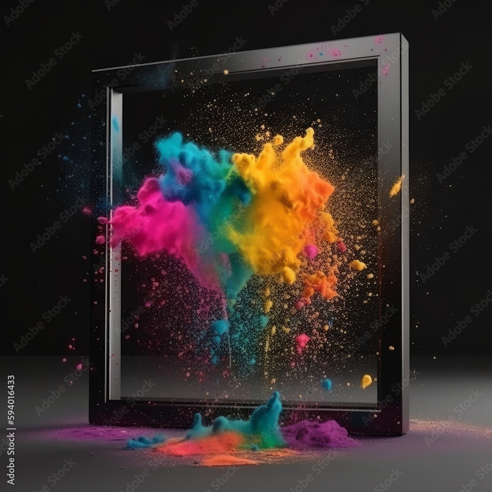 Aufkleber product display frame with colorful powder paint explosion. generative ai