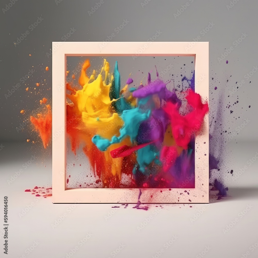 Poster product display frame with colorful powder paint explosion. generative ai