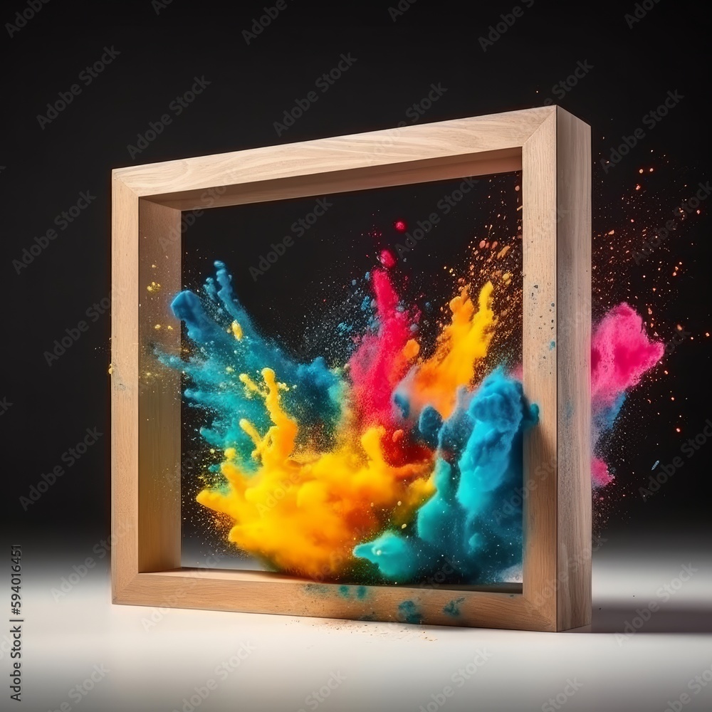 Poster Product display frame with colorful powder paint explosion. Generative Ai