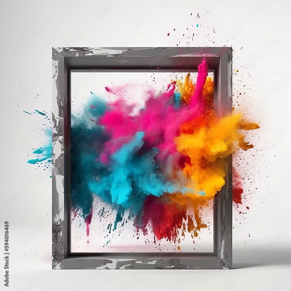 Poster product display frame with colorful powder paint explosion. generative ai