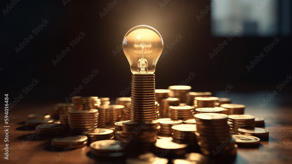Aufkleber rising energy cost concept. light bulb on top of a stack of gold coins. generative ai